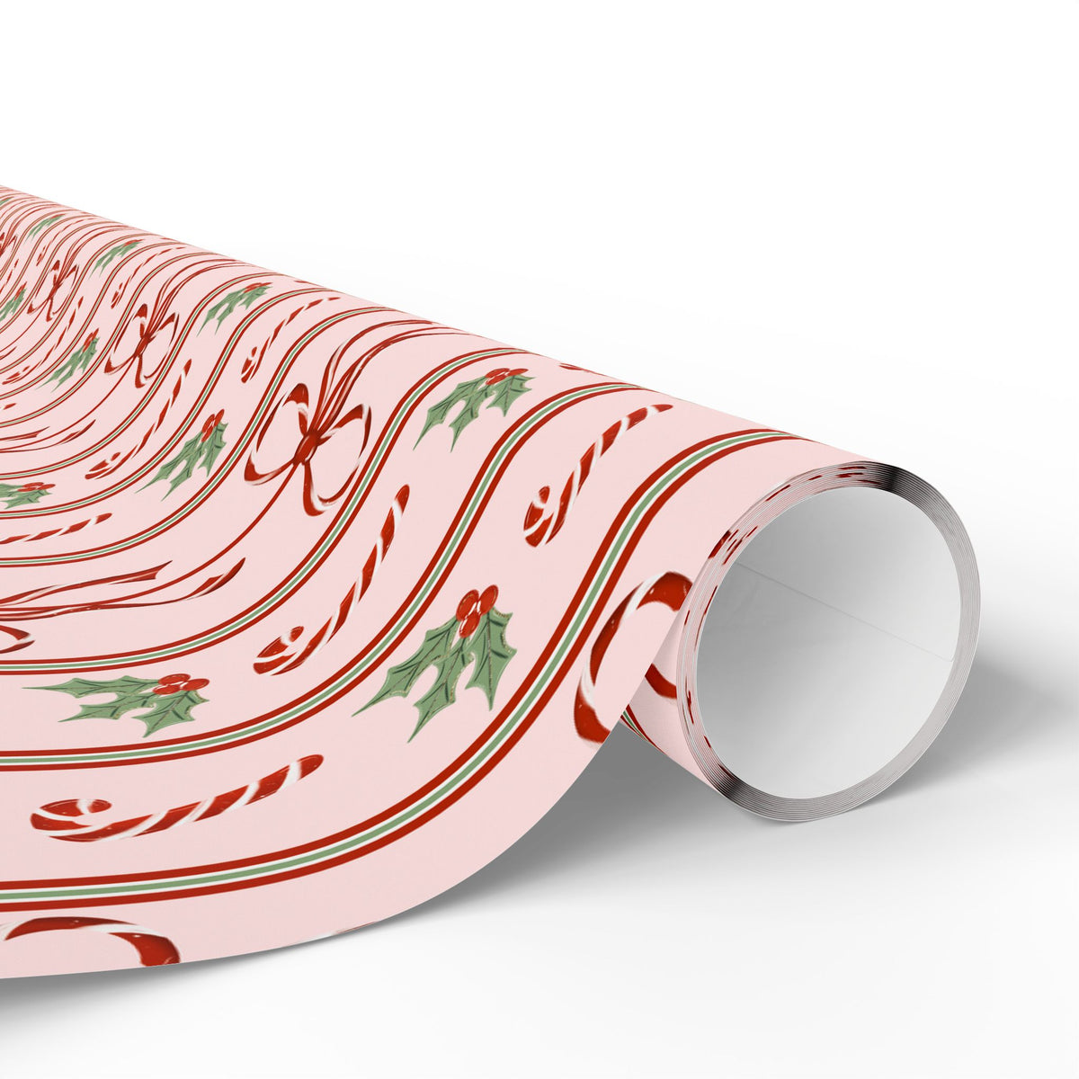 Pink Candy Cane Christmas Wrapping Paper, Red Bows & Holly, Striped Coquette Holiday Gift Wrap