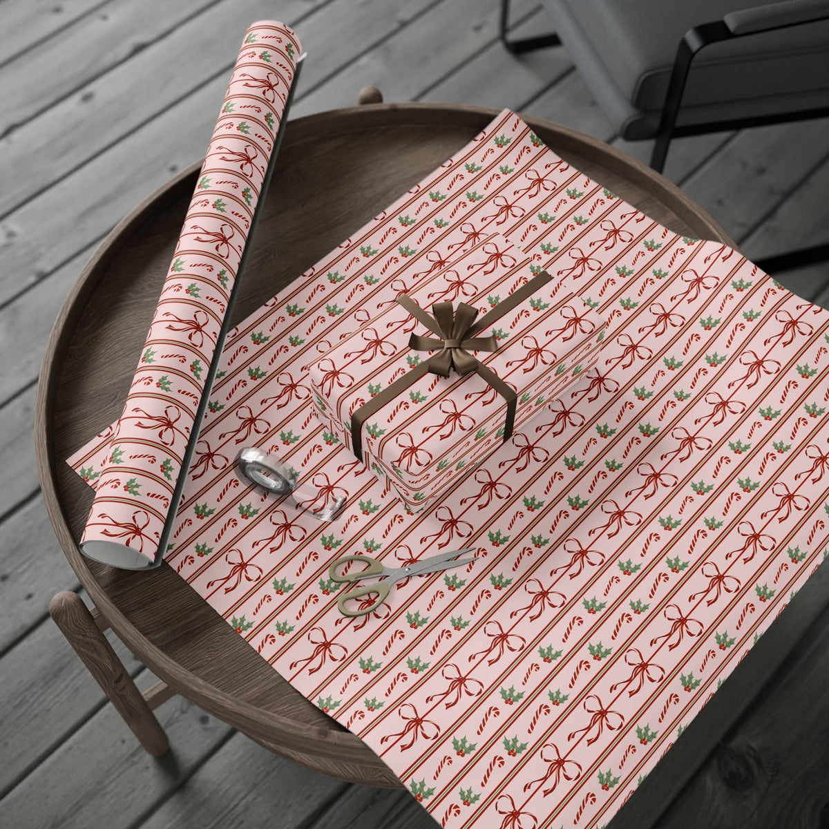 Pink Candy Cane Christmas Wrapping Paper, Red Bows & Holly, Striped Coquette Holiday Gift Wrap