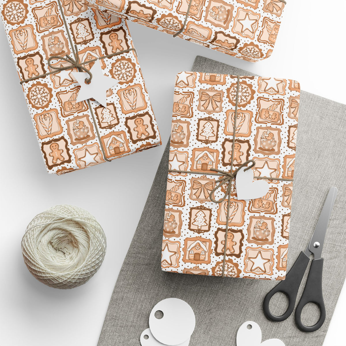 Gingerbread Christmas Wrapping Paper, Neutral Brown Cookie Frames, Bows & Hot Cocoa, Cozy Holiday Gift Wrap