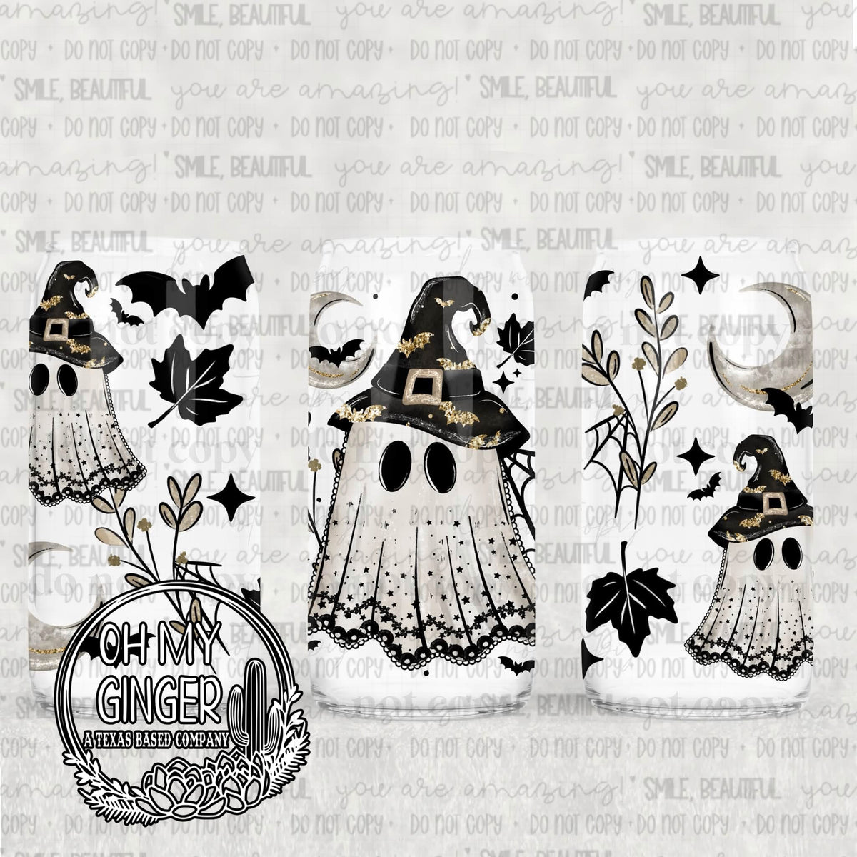 Witchy Ghost Glass Can featuring whimsical ghosts wearing witch hats with bats, leaves and sparkling black stars by Oh My Ginger