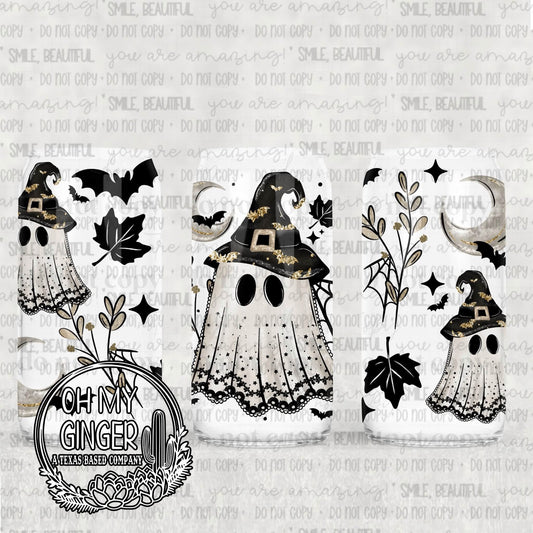 Witchy Ghost Glass Can featuring whimsical ghosts wearing witch hats with bats, leaves and sparkling black stars by Oh My Ginger