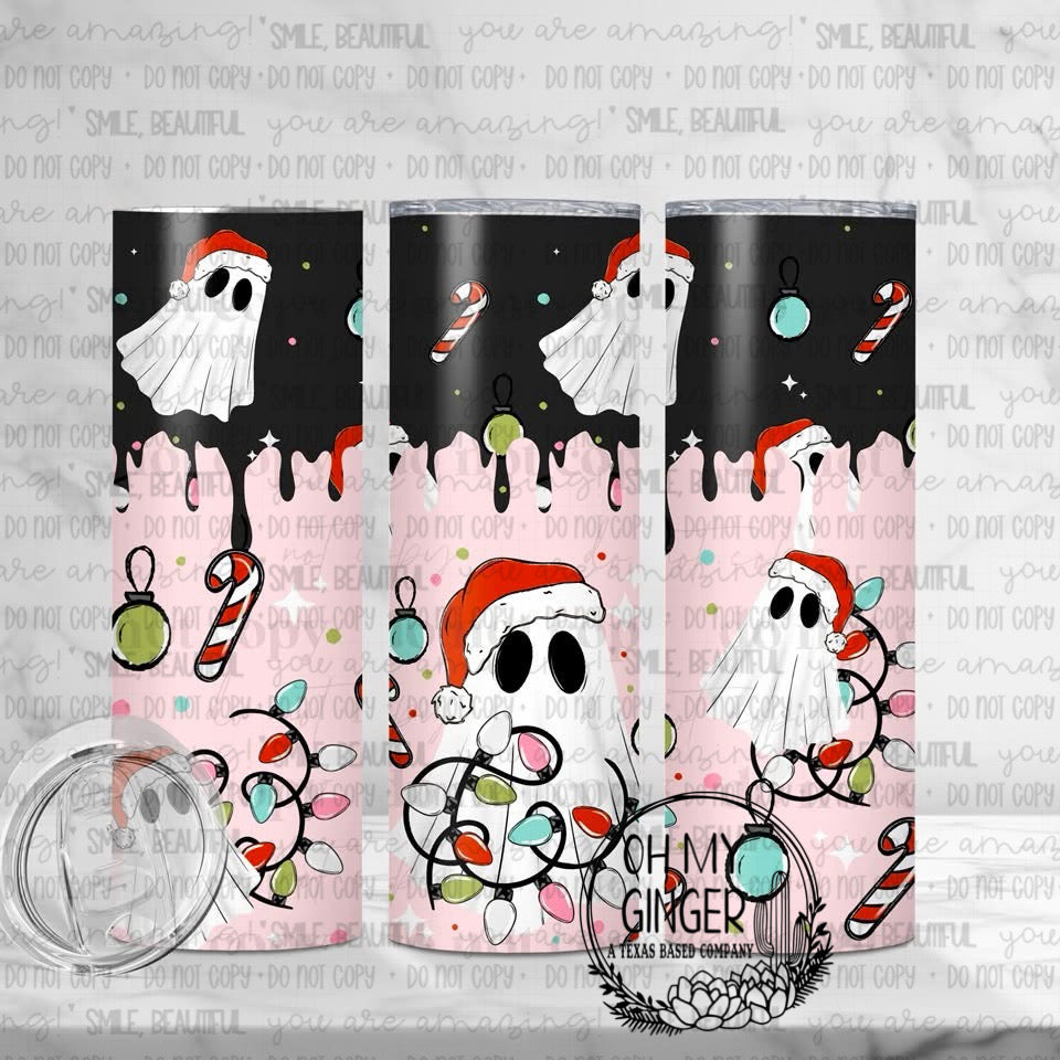 Pink & Black Christmas Ghosts Skinny Tumbler featuring pink, black and white Christmas ghosts with string lights, candy canes, bows and ornaments by Oh My Ginger