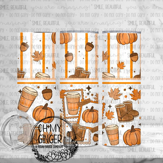 Fall Stamps Skinny Tumbler featuring fall coffee cups, pumpkins, acorns, leaves and warm neutral postage-stamp panels by Oh My Ginger