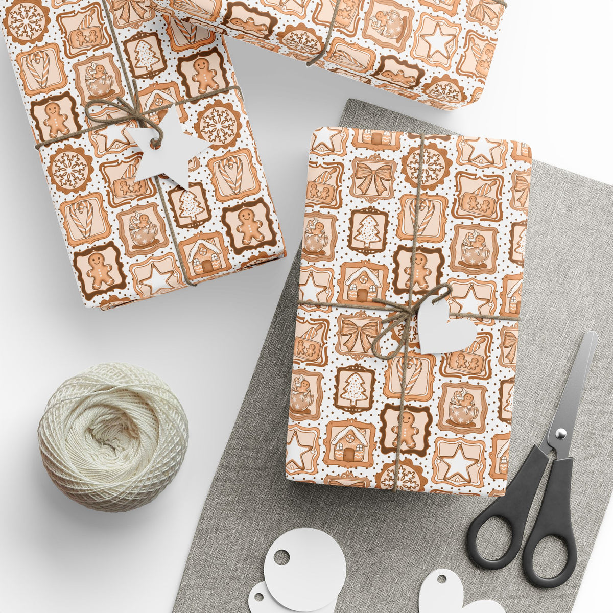 Gingerbread Christmas Wrapping Paper, Neutral Brown Cookie Frames, Bows & Hot Cocoa, Cozy Holiday Gift Wrap