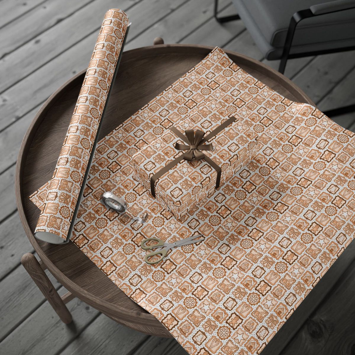 Gingerbread Christmas Wrapping Paper, Neutral Brown Cookie Frames, Bows & Hot Cocoa, Cozy Holiday Gift Wrap