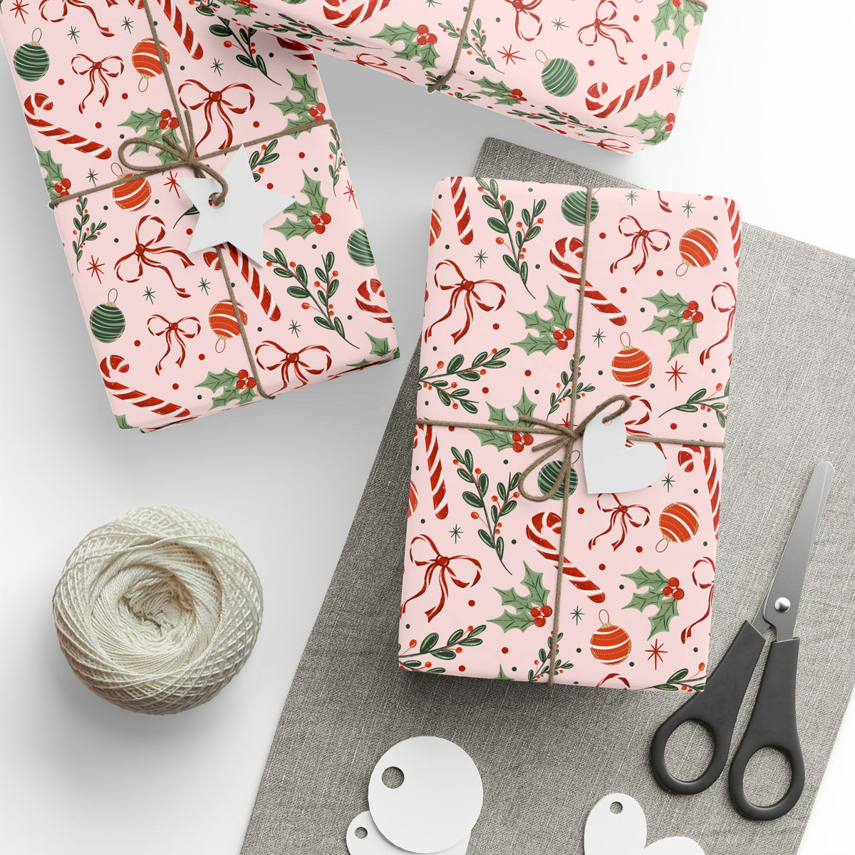 Pink Christmas Wrapping Paper, Candy Canes, Ornaments & Red Bows, Vintage-Inspired Holiday Gift Wrap