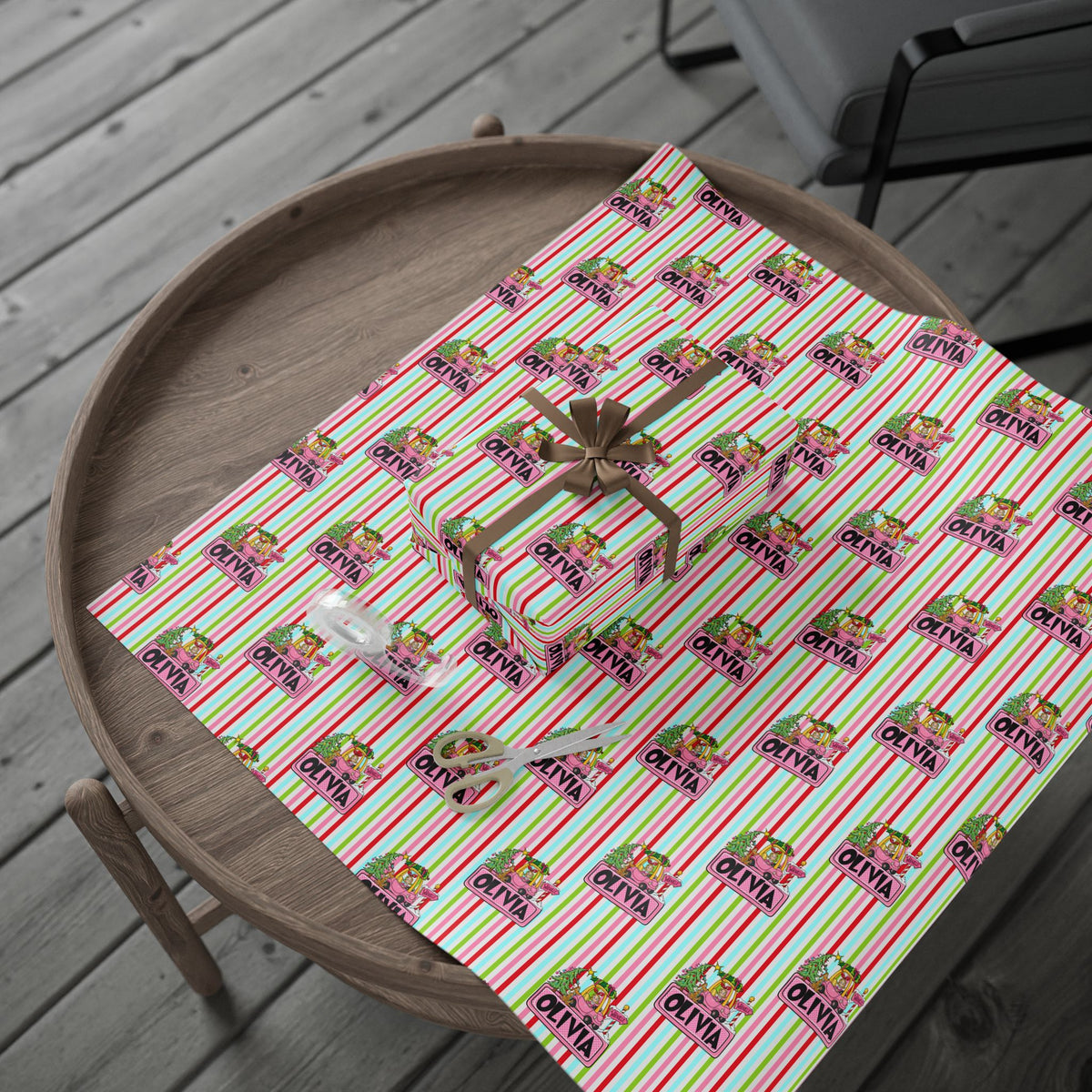 Merry Lou Who Custom Christmas Wrapping Paper, Custom Name Pink Striped Whoville Holiday Gift Wrap