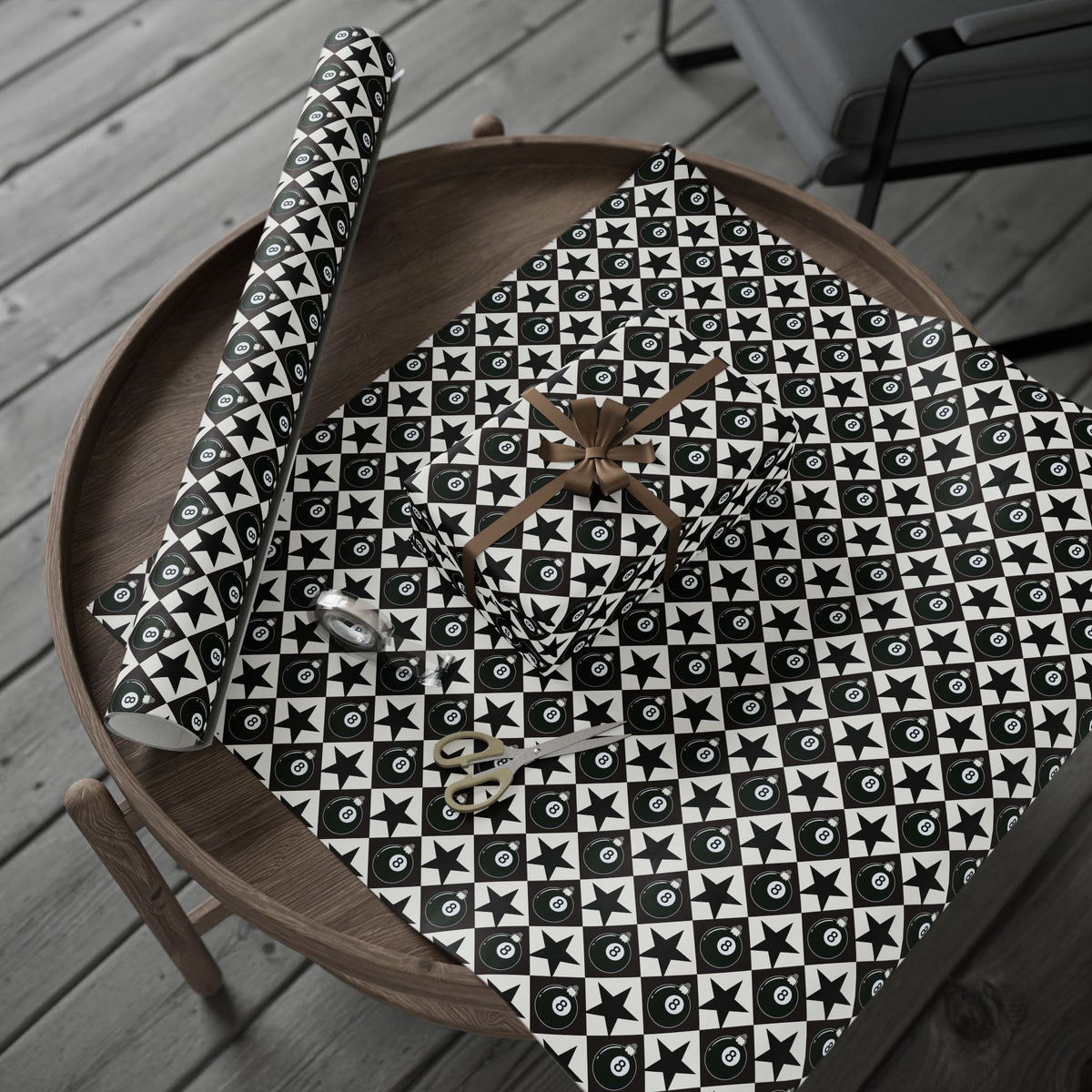 8 Ball Christmas Wrapping Paper, Black & White Ornament Gift Wrap, Stars & Diamonds, Billiards Holiday Paper