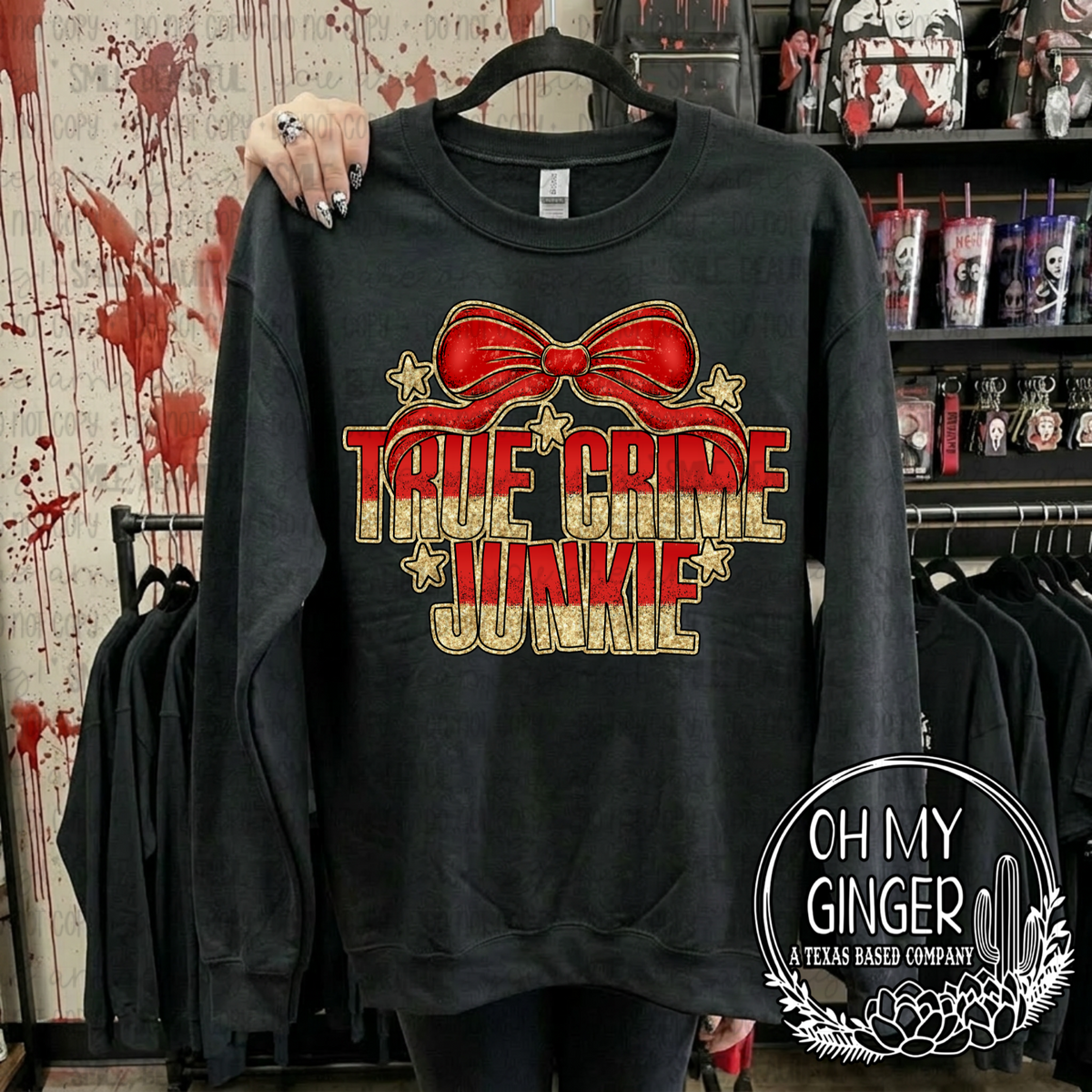 True Crime Junkie — true-crime-junkie lettering with a red bow