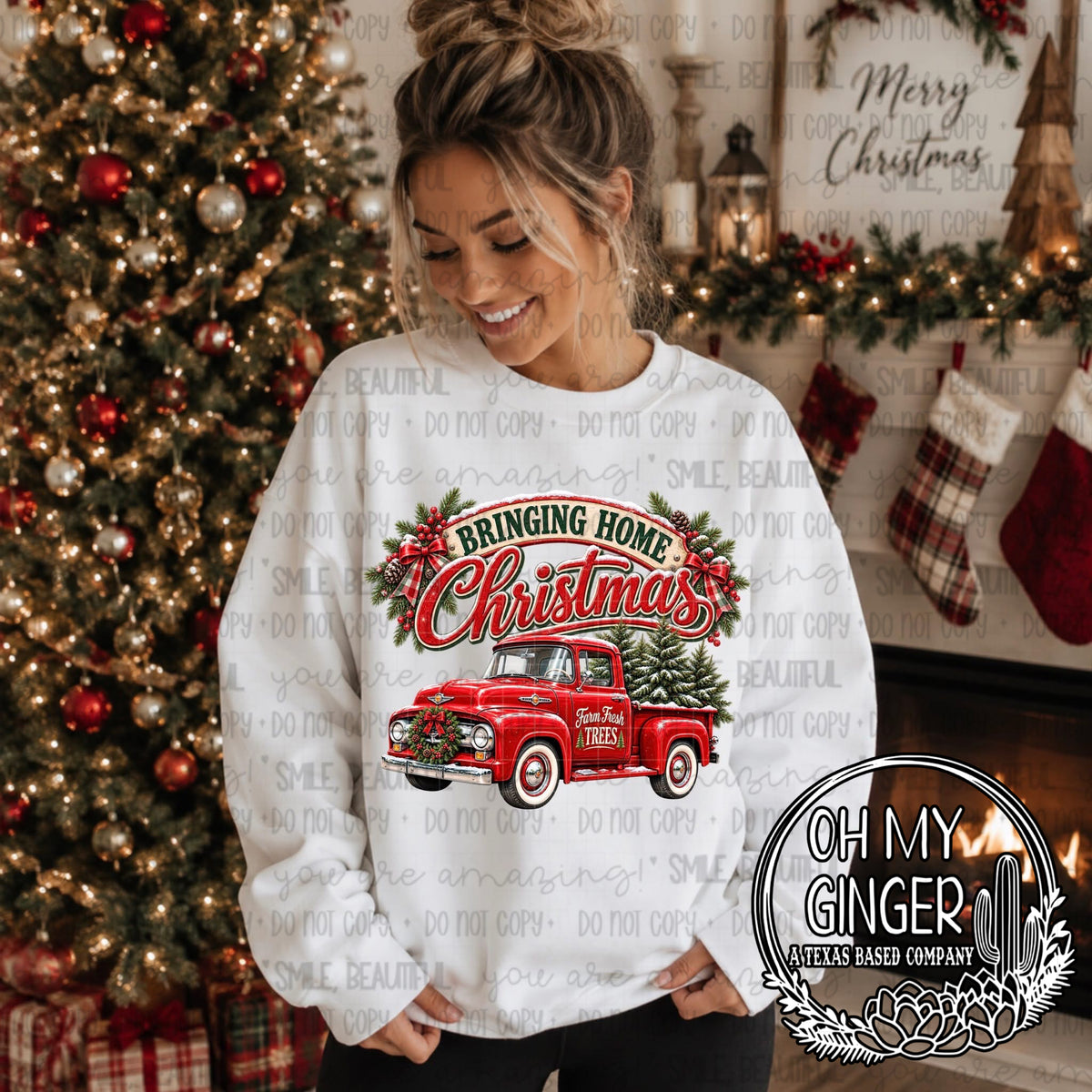 Bringing Home Christmas — a red pickup carrying a Christmas tree beneath festive lettering