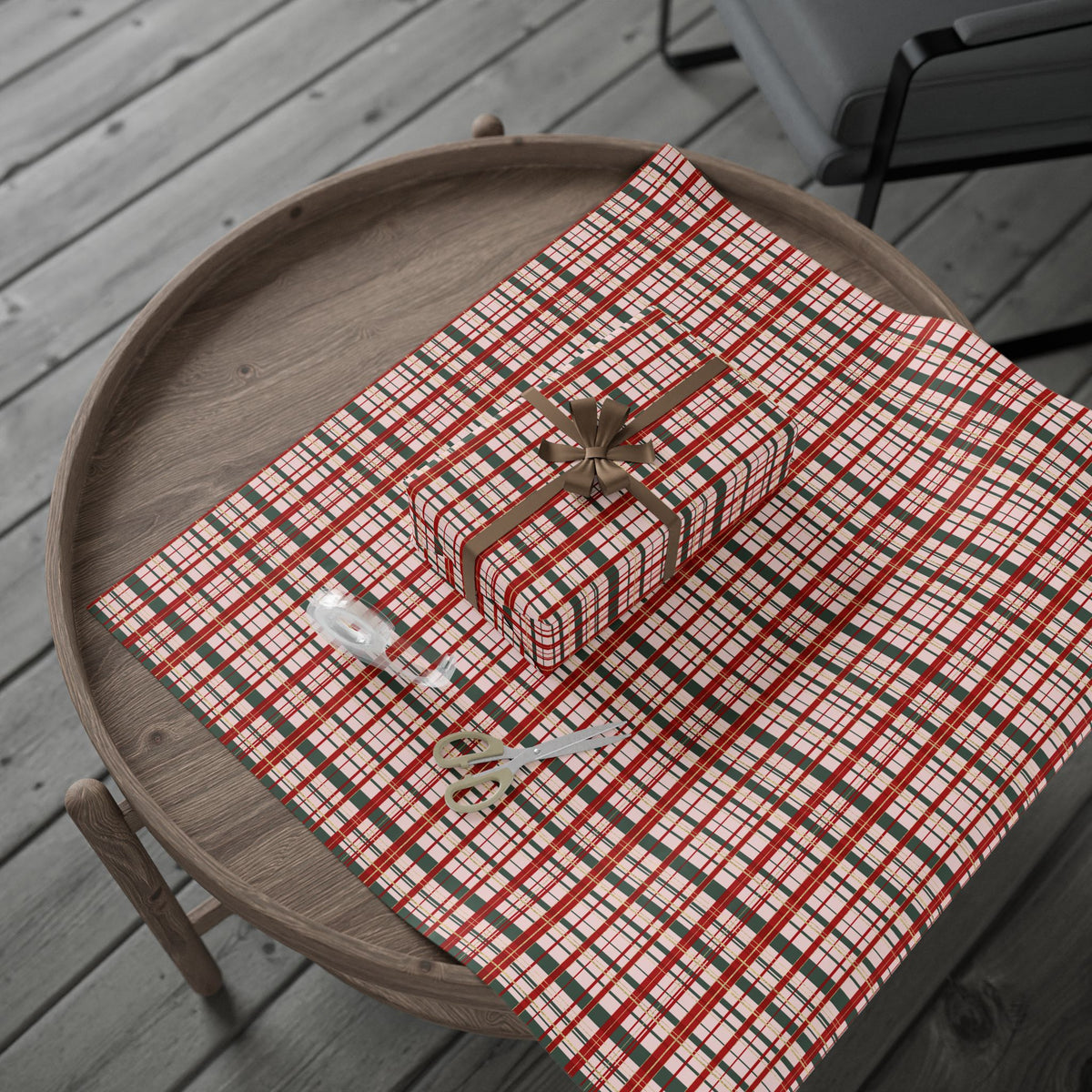 Pink Christmas Plaid Wrapping Paper, Red & Green Tartan with Faux Gold Glitter, Classic Holiday Gift Wrap