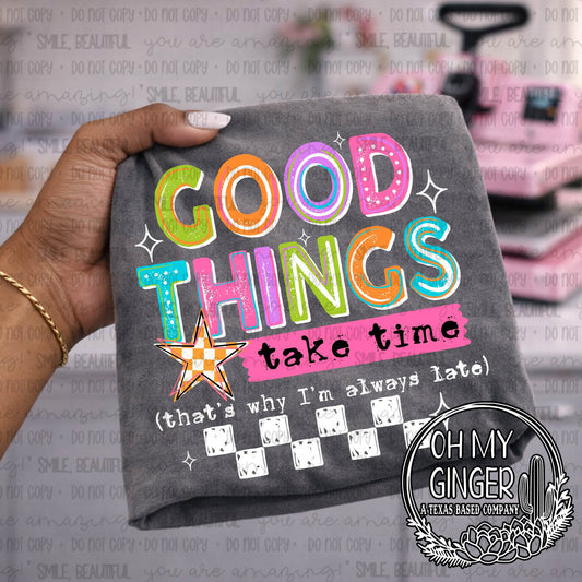 Good Things Take Time — bright good-things-take-time lettering and checkerboard details