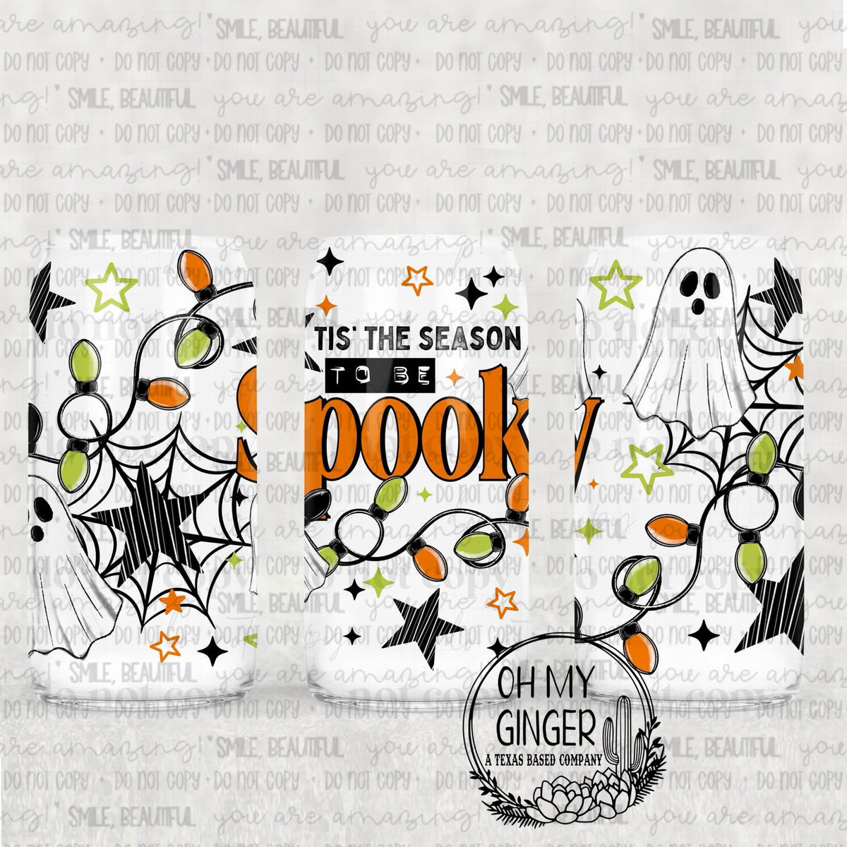 Tis the Season to be Spooky Glass Can featuring Tis the Season to Be Spooky lettering with ghosts, string lights, webs and colorful stars by Oh My Ginger