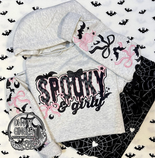 Spooky & Girly - Sleeve Prints on Longsleeves and Up adult apparel design featuring a girly spooky-season design with coordinating sleeve-print details on eligible long-sleeve apparel by Oh My Ginger
