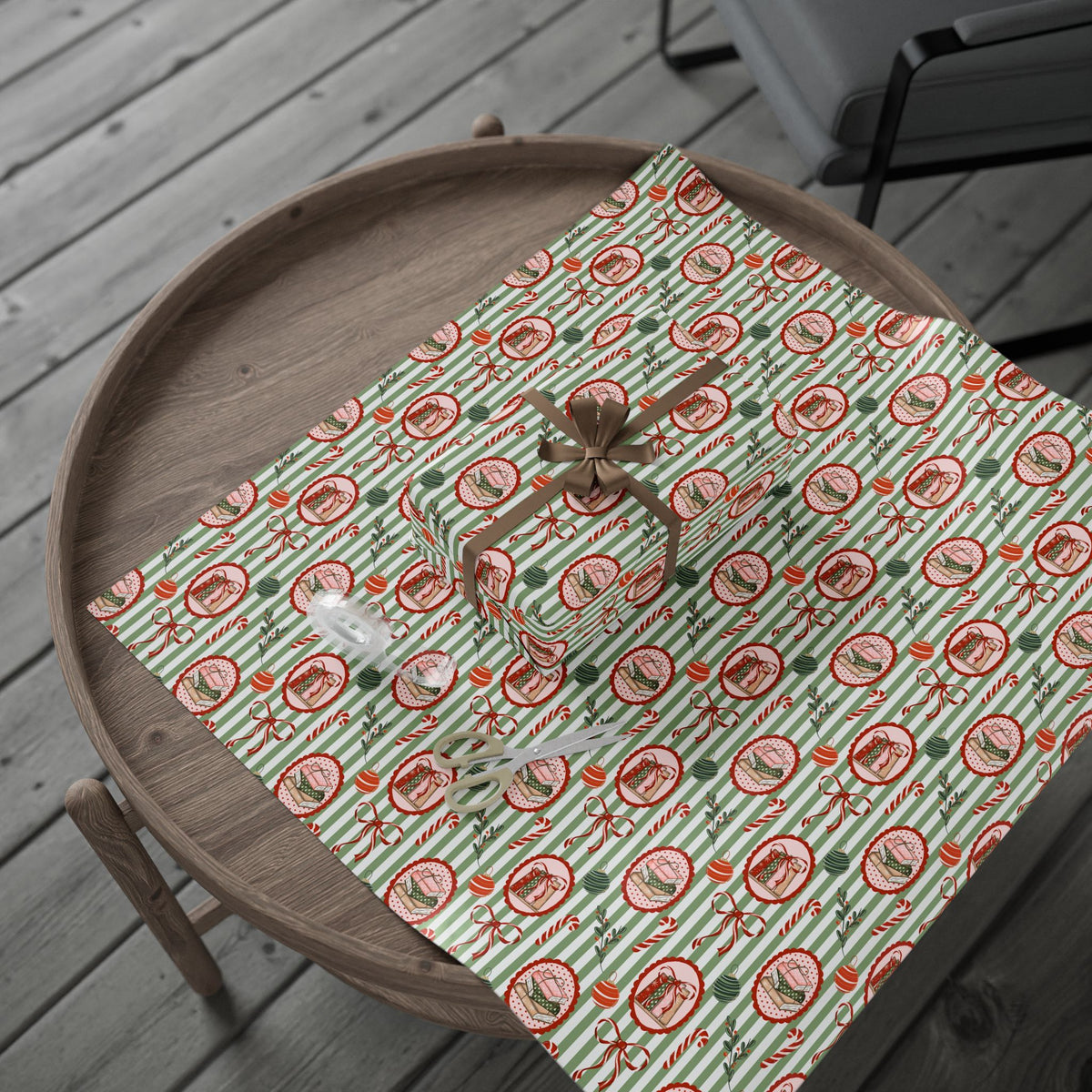 Book Lover Christmas Wrapping Paper, Sage Green Stripes, Festive Books & Bows, Bookish Holiday Gift Wrap
