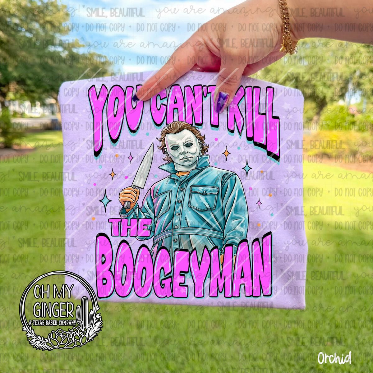 You Can’t Kill The Boogeyman adult apparel design featuring a classic slasher-inspired You Can’t Kill The Boogeyman horror phrase by Oh My Ginger