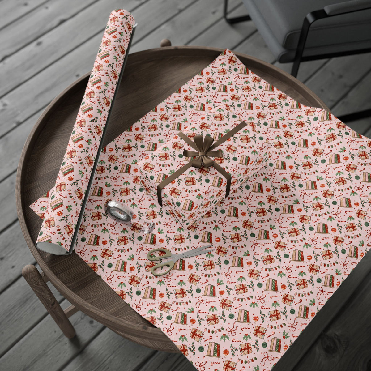 Pink Bookish Christmas Wrapping Paper, Holiday Books, Bows & Christmas Lights, Gift Wrap for Book Lovers