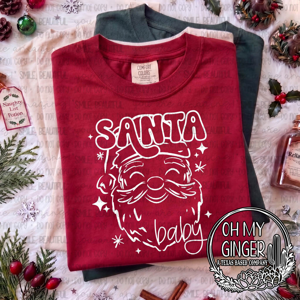 Santa Baby — Santa-baby lettering with a line-drawn Santa face and stars