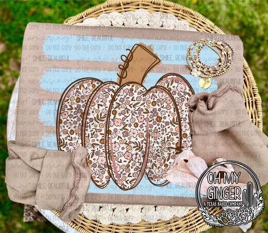 Floral Pumpkin Stripes — a floral-patterned pumpkin over pastel stripes