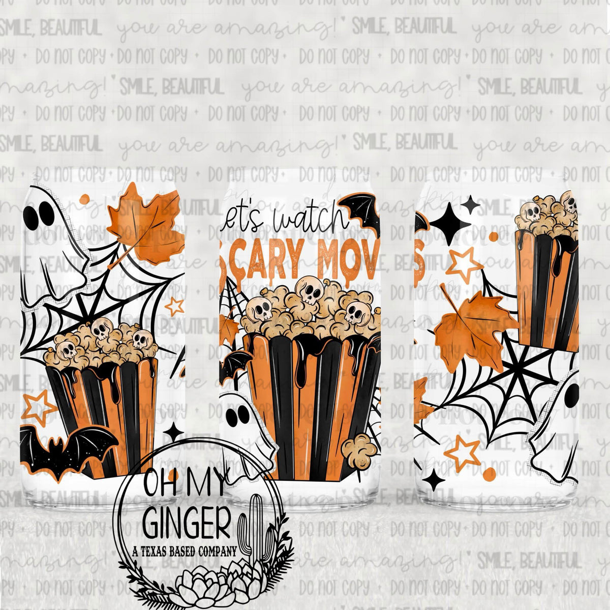 Let’s Watch Scary Movies Glass Can featuring movie popcorn, ghosts, skulls, spiderwebs and fall leaves with Let's Watch Scary Movies lettering by Oh My Ginger