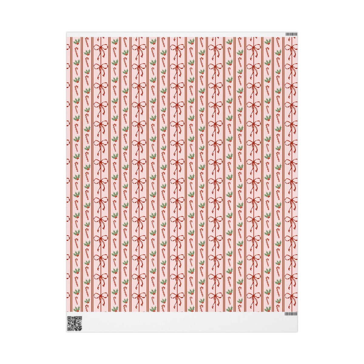 Pink Candy Cane Christmas Wrapping Paper, Red Bows & Holly, Striped Coquette Holiday Gift Wrap