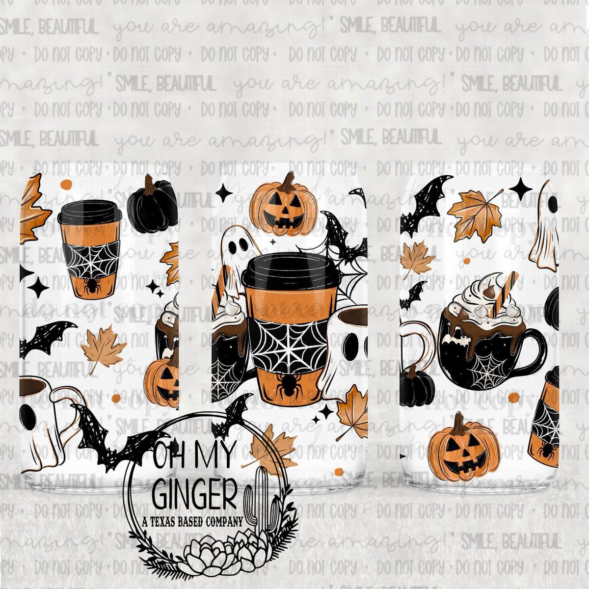 Spooky Coffee Glass Can featuring Halloween coffee cups, ghosts, pumpkins, bats and fall leaves in black and orange by Oh My Ginger