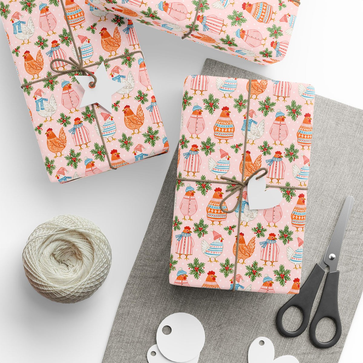 Christmas Chicken Wrapping Paper, Pink Holiday Gift Wrap with Chickens in Sweaters, Cute Farmhouse Christmas Paper