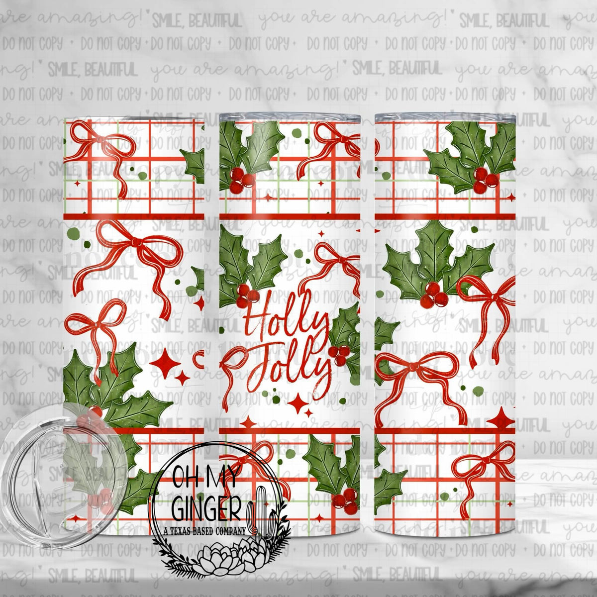 Holly Jolly Skinny Tumbler featuring holly leaves, red bows, plaid lines and Holly Jolly Christmas lettering by Oh My Ginger