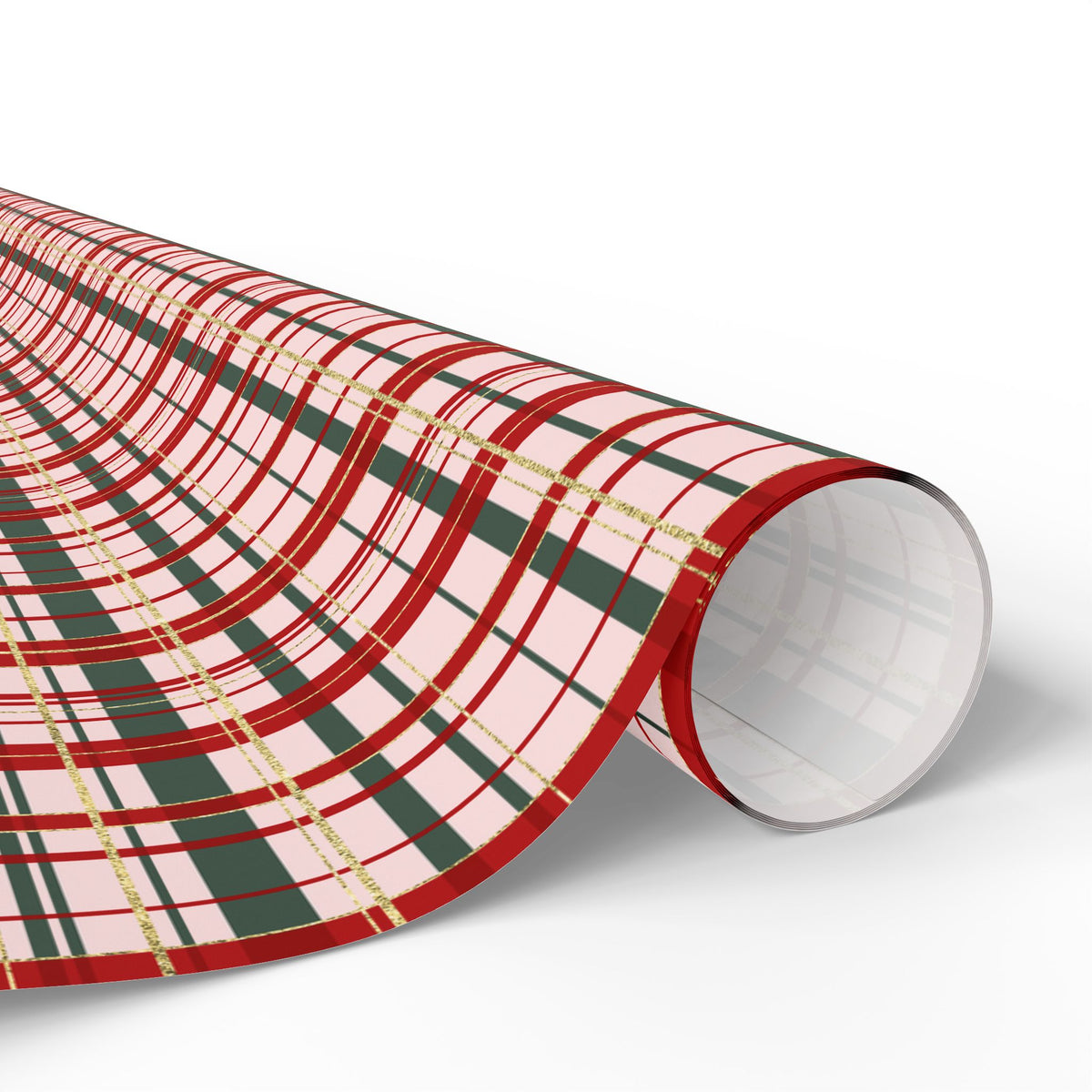 Pink Christmas Plaid Wrapping Paper, Red & Green Tartan with Faux Gold Glitter, Classic Holiday Gift Wrap