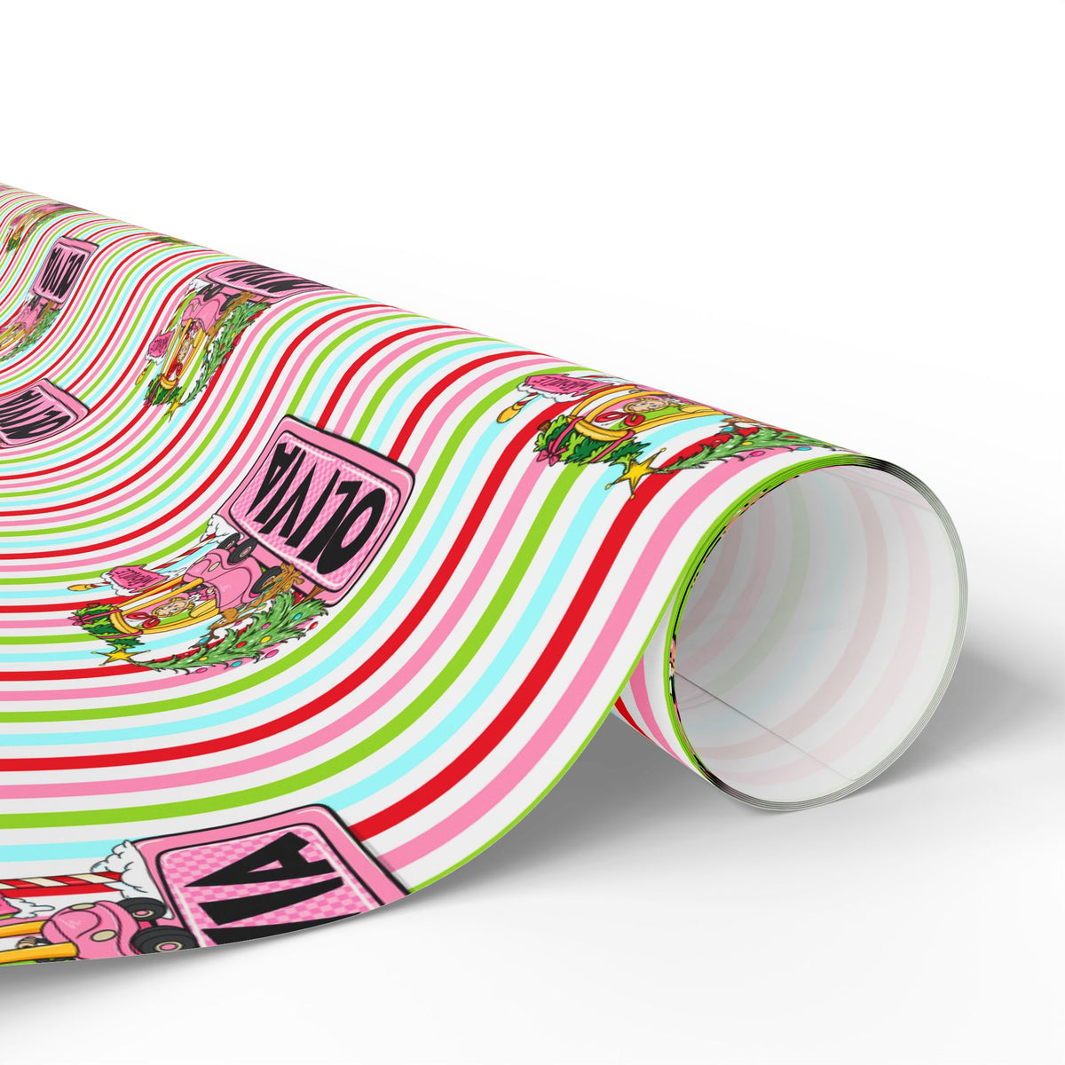 Merry Lou Who Custom Christmas Wrapping Paper, Custom Name Pink Striped Whoville Holiday Gift Wrap