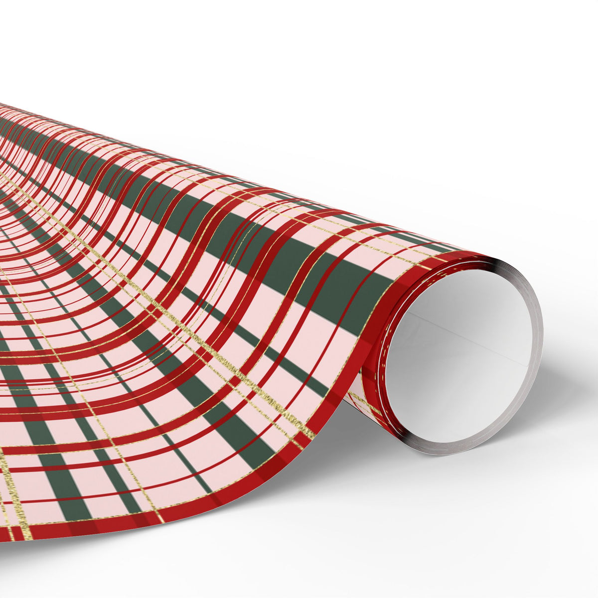 Pink Christmas Plaid Wrapping Paper, Red & Green Tartan with Faux Gold Glitter, Classic Holiday Gift Wrap