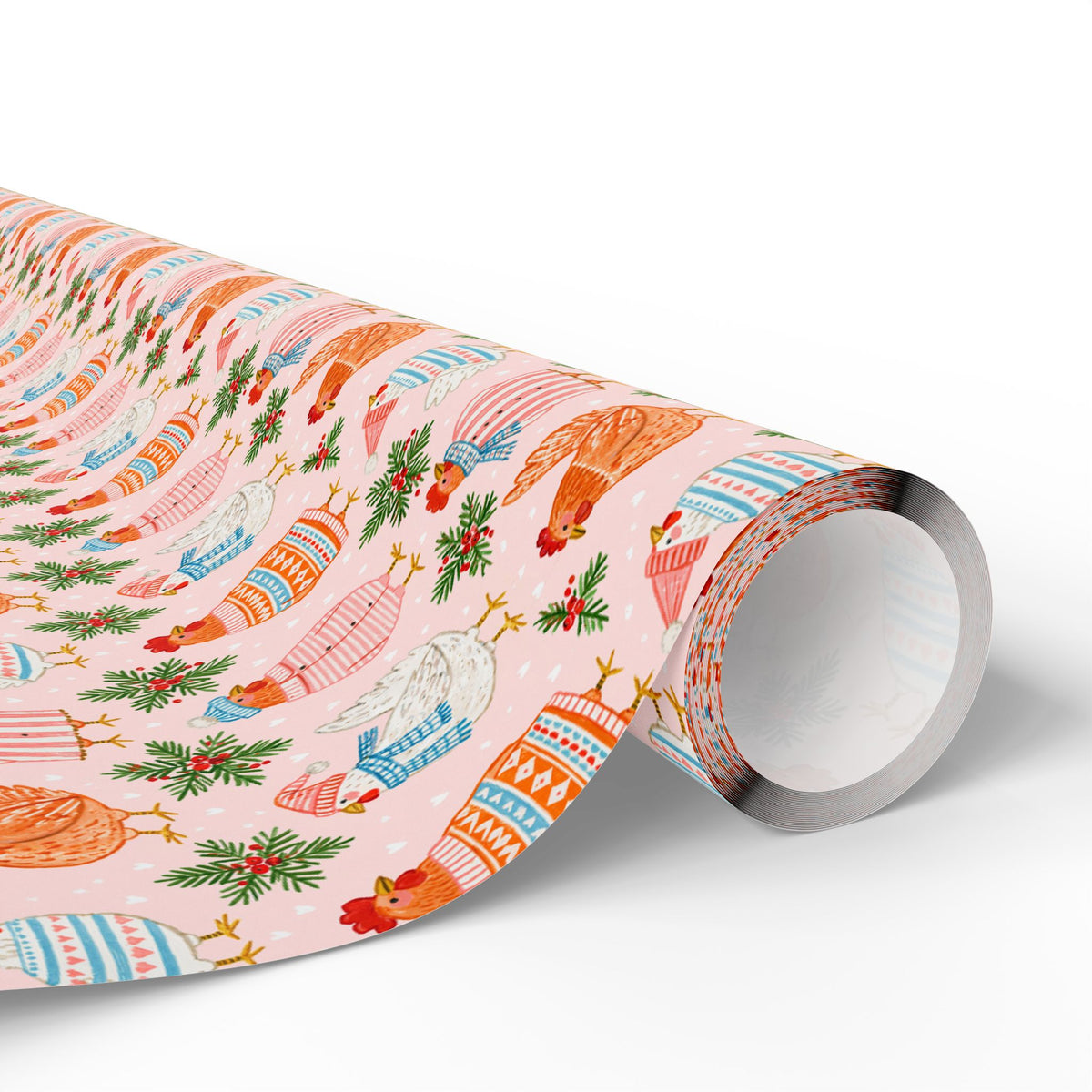 Christmas Chicken Wrapping Paper, Pink Holiday Gift Wrap with Chickens in Sweaters, Cute Farmhouse Christmas Paper