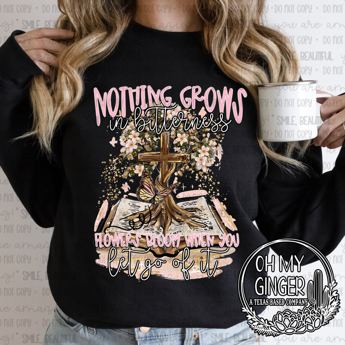 Nothing Grows In Bitterness — an illustrated floral scene with nothing-grows-in-bitterness lettering