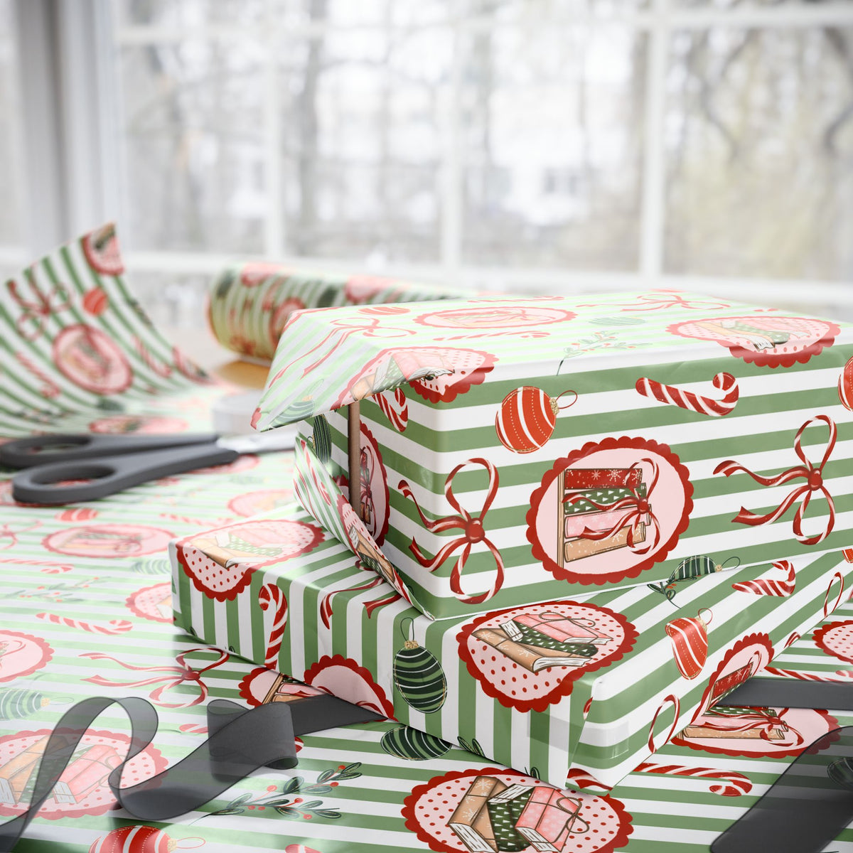 Book Lover Christmas Wrapping Paper, Sage Green Stripes, Festive Books & Bows, Bookish Holiday Gift Wrap