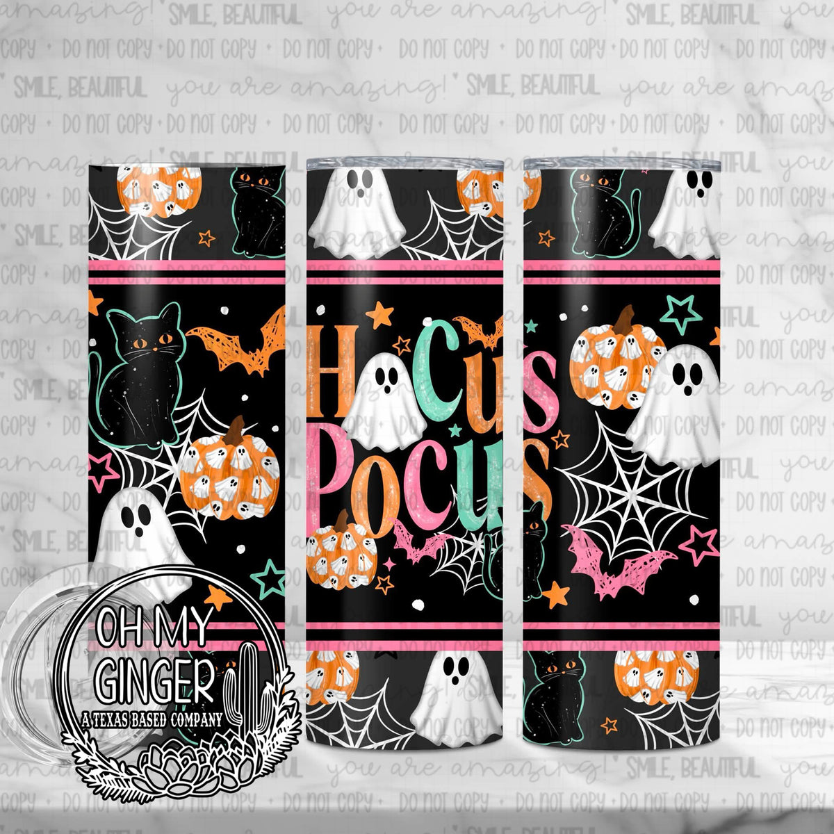 Hocus Pocus Skinny Tumbler featuring bold Hocus Pocus lettering with black cats, ghosts, spiderwebs, bats and pumpkins by Oh My Ginger
