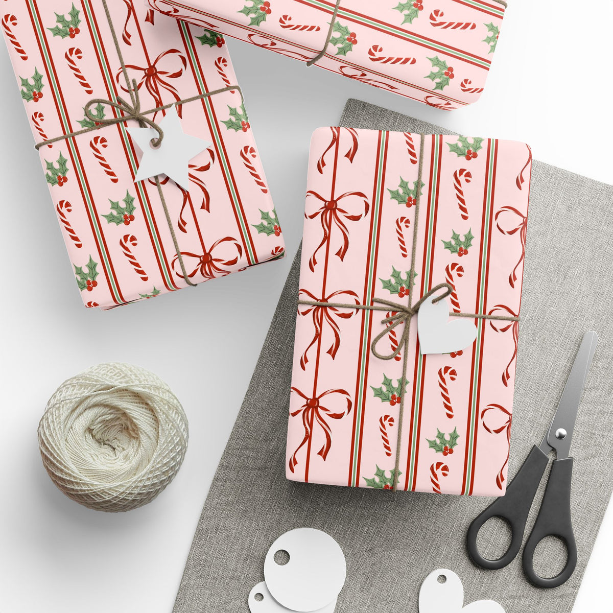 Pink Candy Cane Christmas Wrapping Paper, Red Bows & Holly, Striped Coquette Holiday Gift Wrap