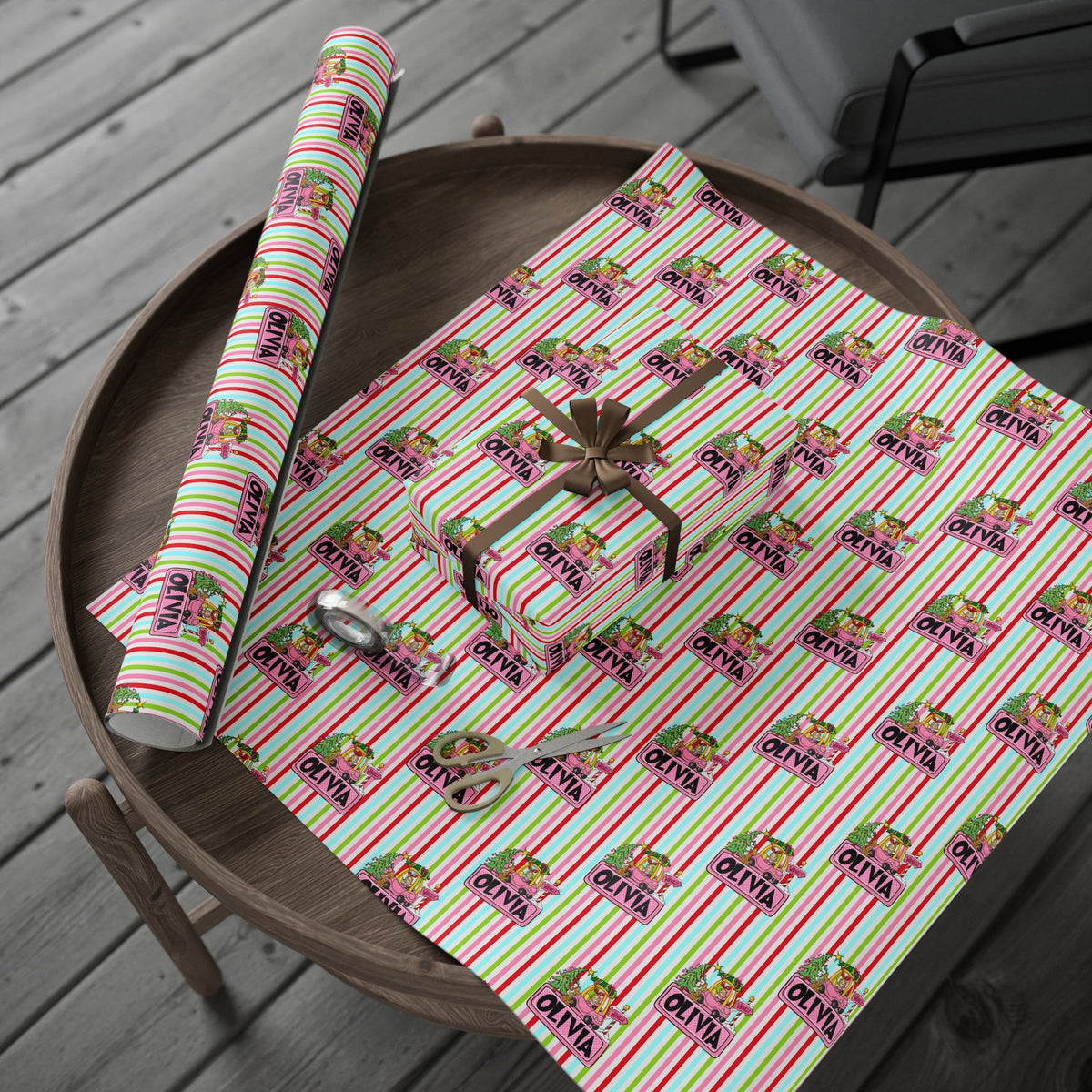 Merry Lou Who Custom Christmas Wrapping Paper, Custom Name Pink Striped Whoville Holiday Gift Wrap