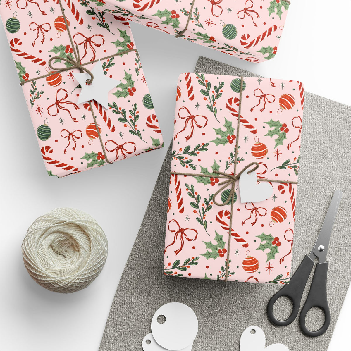 Pink Christmas Wrapping Paper, Candy Canes, Ornaments & Red Bows, Vintage-Inspired Holiday Gift Wrap