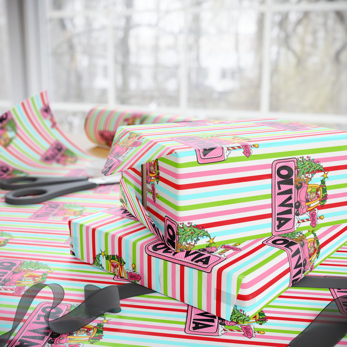 Merry Lou Who Custom Christmas Wrapping Paper, Custom Name Pink Striped Whoville Holiday Gift Wrap