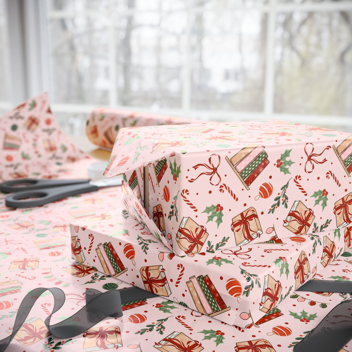 Pink Bookish Christmas Wrapping Paper, Holiday Books, Bows & Christmas Lights, Gift Wrap for Book Lovers