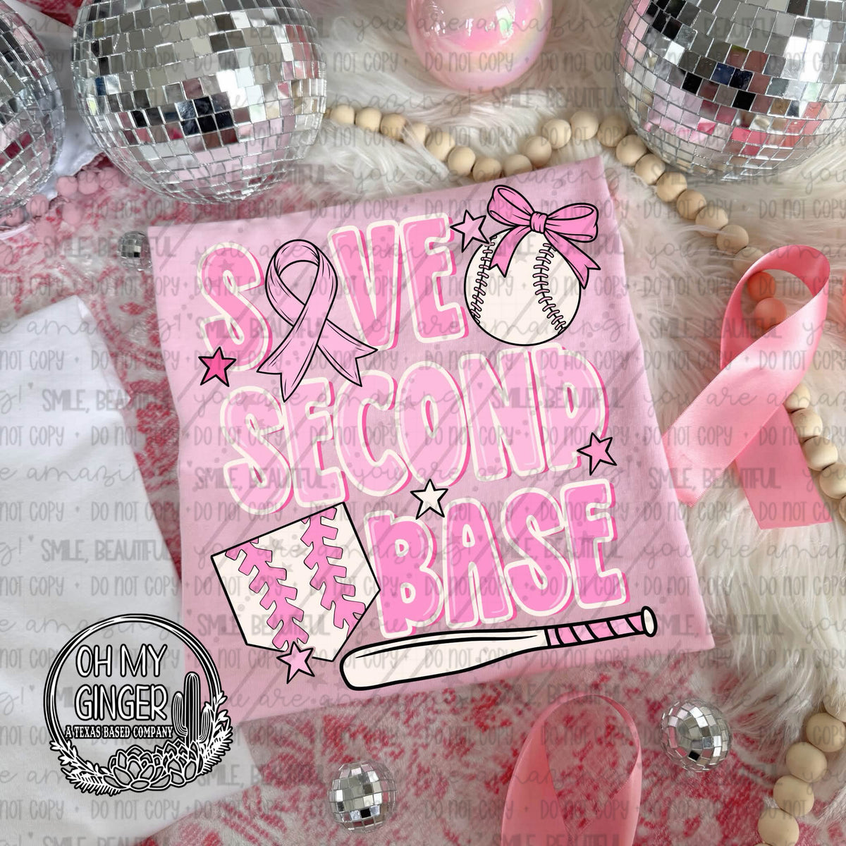 Save Second Base adult apparel design featuring a supportive Save Second Base breast cancer awareness design by Oh My Ginger