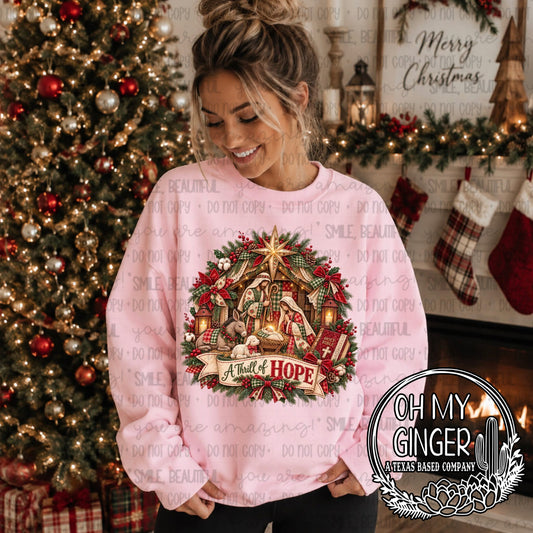 A Thrill of Hope — a Christmas wreath surrounding a-thrill-of-hope lettering