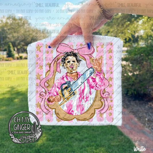 Leatherface Pink Horror Stripes adult apparel design featuring a pink striped horror design featuring a chainsaw-slasher-inspired character by Oh My Ginger
