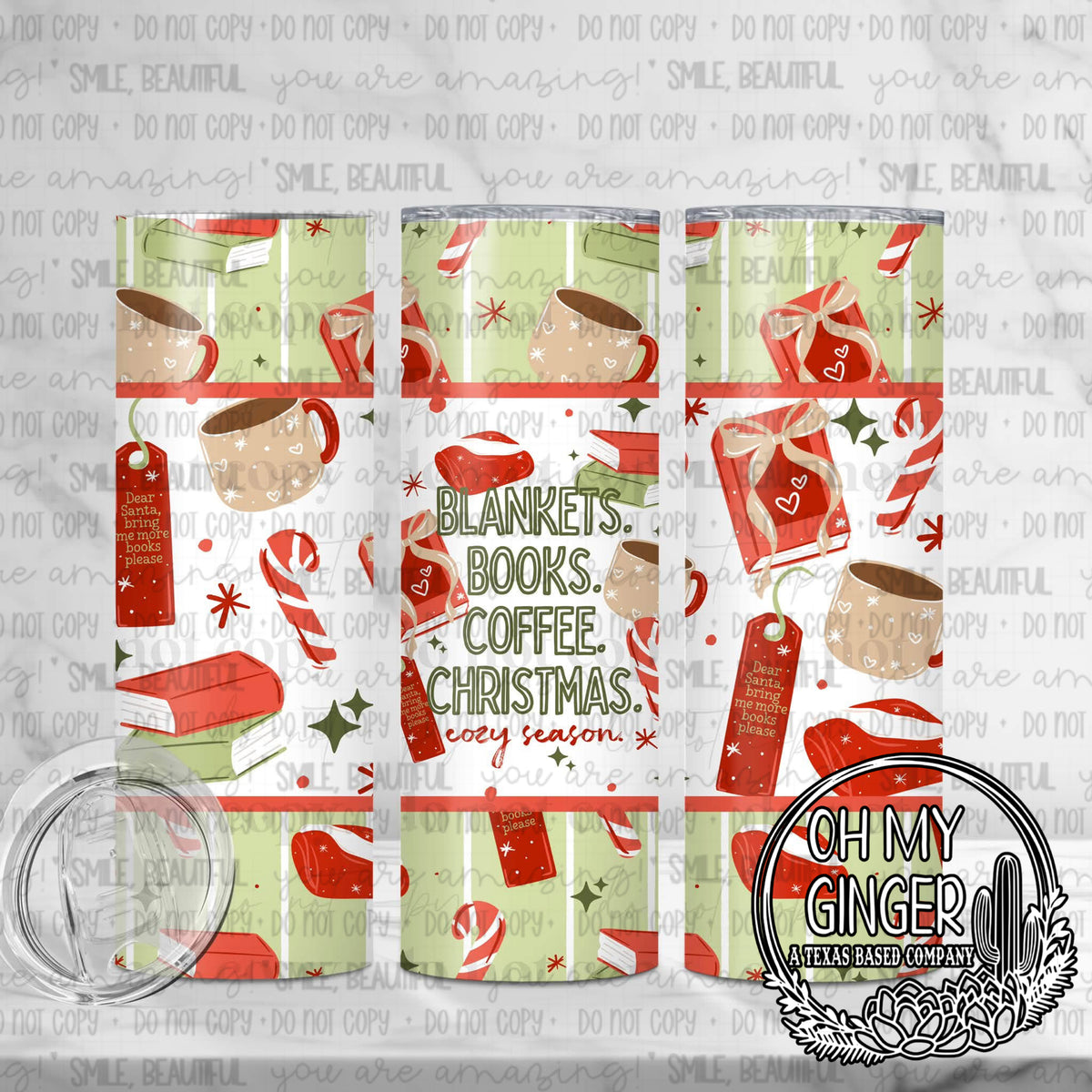 Blankets, Books, Coffee, & Christmas Skinny Tumbler — books, hot drinks and red and green Christmas accents