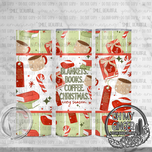 Blankets, Books, Coffee, & Christmas Skinny Tumbler — books, hot drinks and red and green Christmas accents