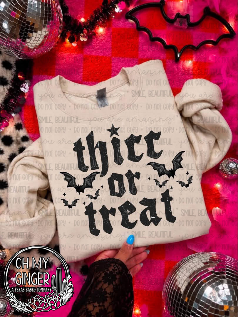 Thicc or Treat design featuring a playful Thicc or Treat Halloween phrase by Oh My Ginger