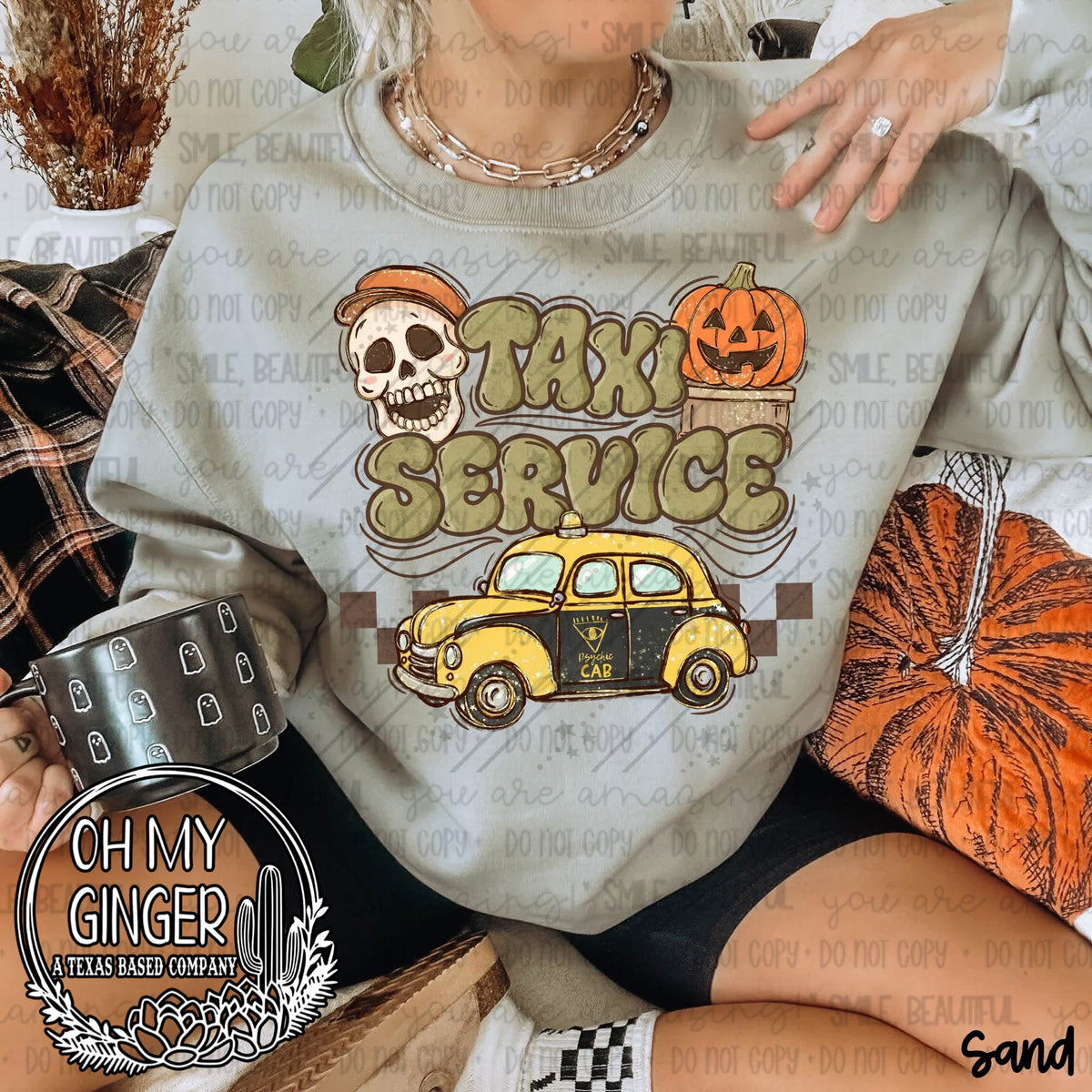 Taxi Service design featuring a skeleton taxi driver and vintage yellow cab design with spooky-season nostalgia by Oh My Ginger