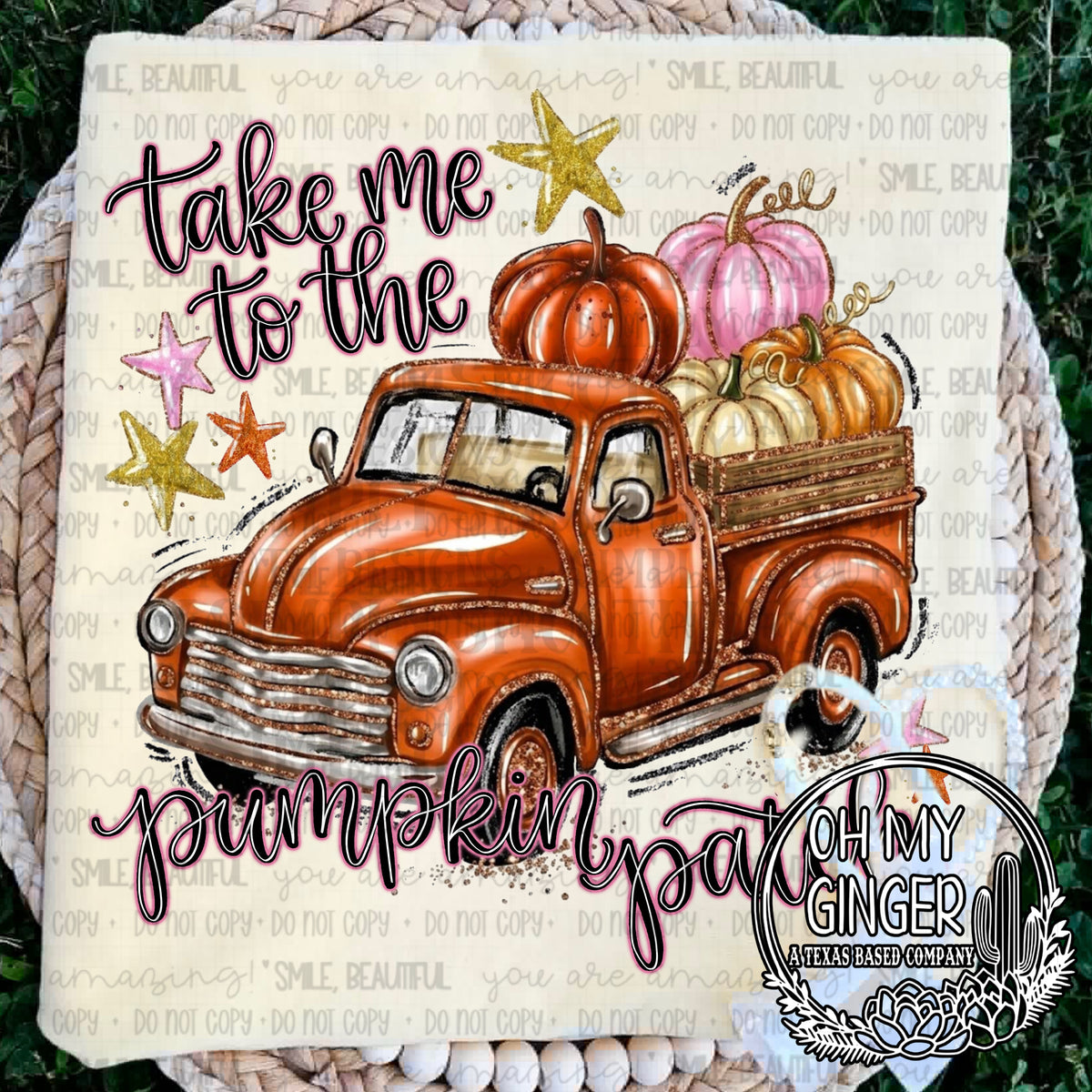 Take Me To The Pumpkin Patch — a vintage orange pickup loaded with pumpkins and pumpkin-patch lettering