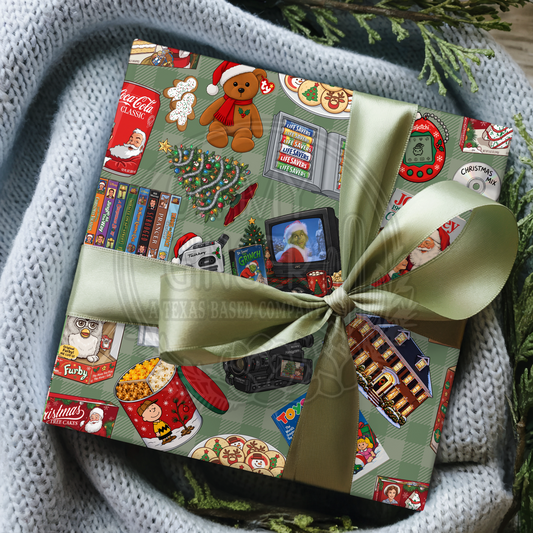 90s Things Christmas Green Wrapping Paper