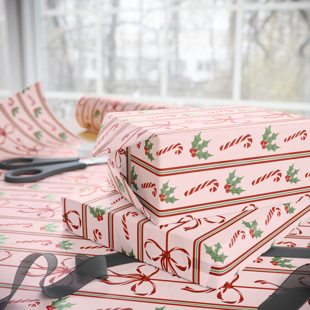Pink Candy Cane Christmas Wrapping Paper, Red Bows & Holly, Striped Coquette Holiday Gift Wrap